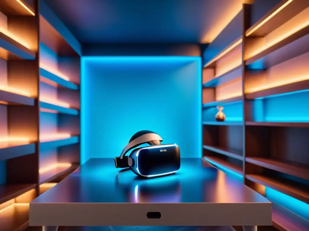 Un auricular de realidad virtual brillante descansa en una mesa futurista, rodeado de merchandising personalizado en mundos ficticios