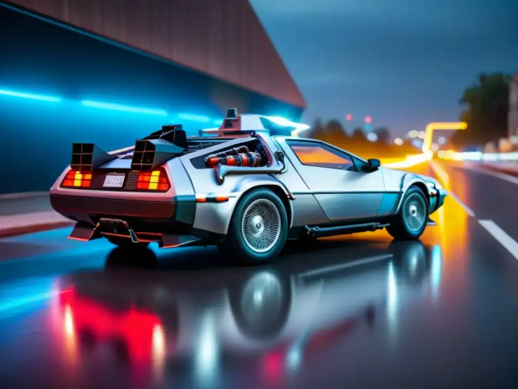 Un automóvil futurista inspirado en el DeLorean de 'Volver al Futuro' sobrevuela una ciudad futurista