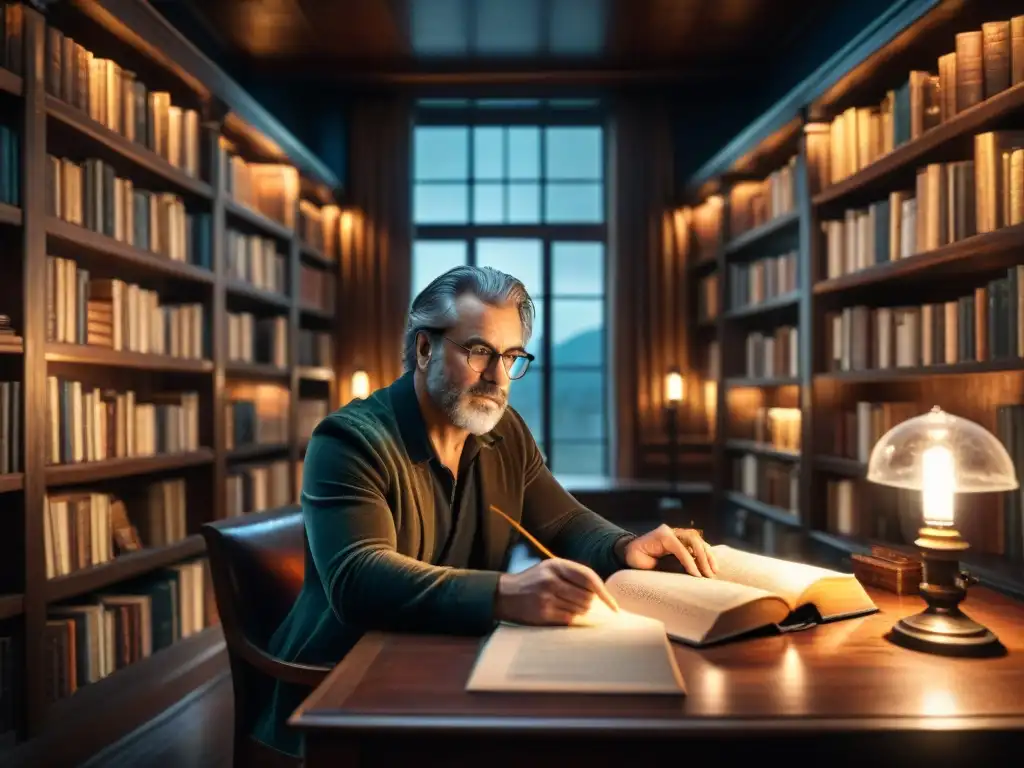 Escritor en su estudio: Misterio y creatividad Un autor en su estudio, rodeado de libros, crea universos ficticios en literatura