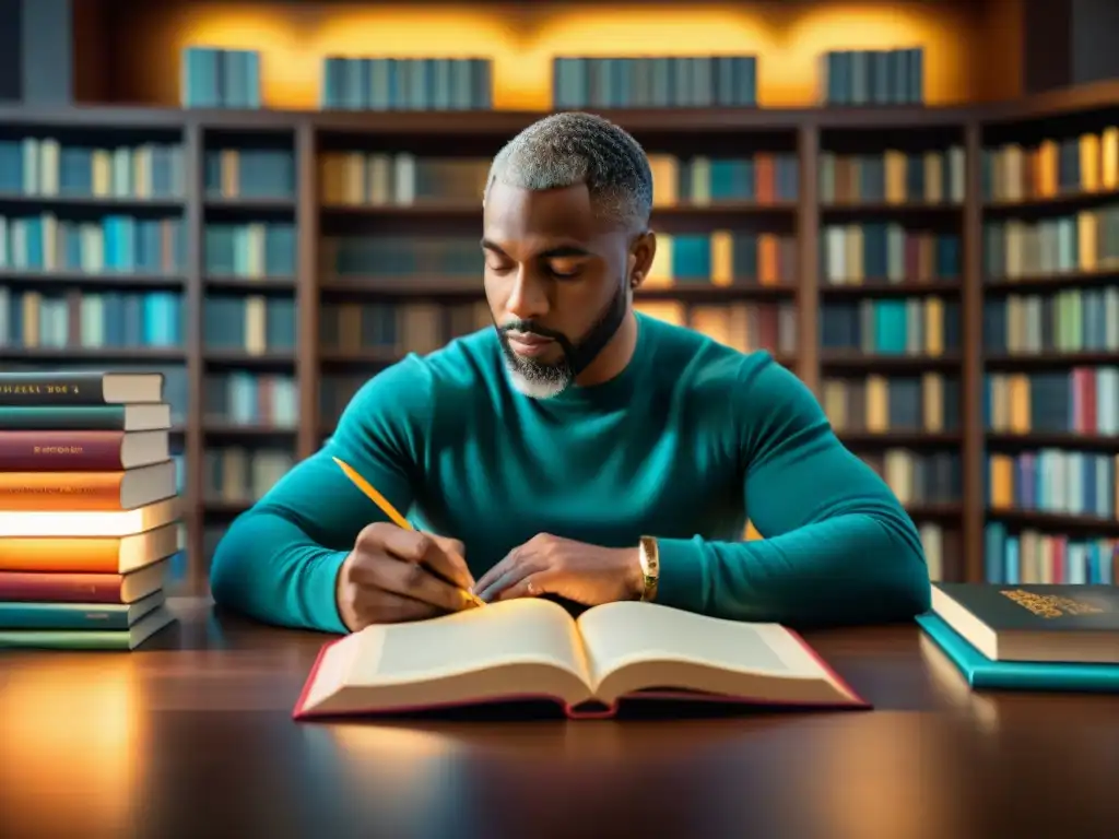 Un autor renombrado firma ediciones especiales en un evento rodeado de lectores variados y elegantes plumas