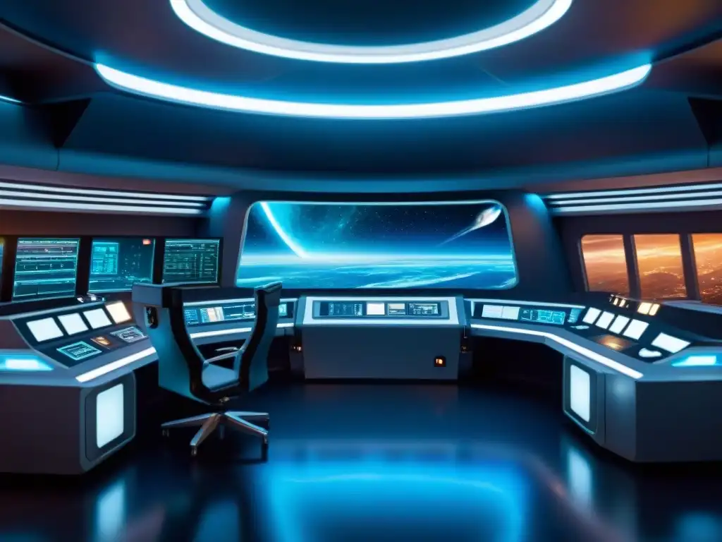 Avances tecnológicos en Star Trek: Control room futurista con hologramas, paneles avanzados y tripulación concentrada