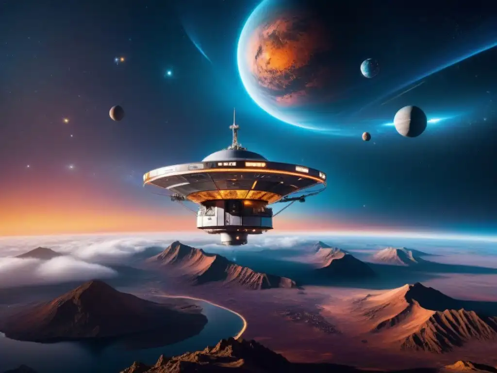 Avances tecnológicos en comunicación interplanetaria: estación espacial futurista orbitando exoplaneta, comunicación al cosmos