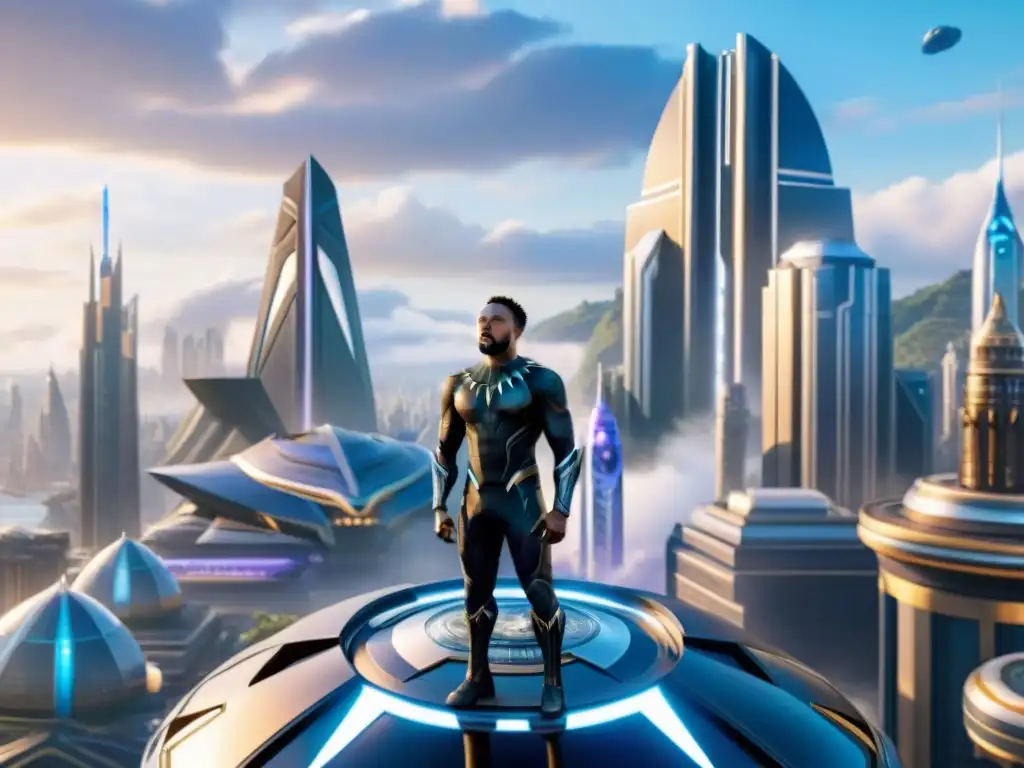 Avanzada tecnología de Wakanda en Black Panther: diseño futurista, hologramas y símbolos wakandianos en una vibrante ciudad tecnológica