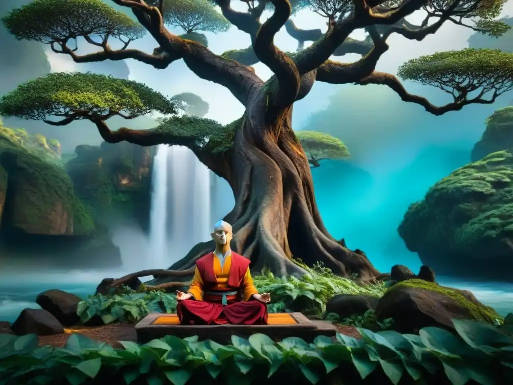 Avatar Aang medita bajo un árbol antiguo en el vibrante Mundo Espiritual, rodeado de espíritus coloridos y una luz brillante, mostrando la esencia espiritual y mística del paganismo en la mitología de Avatar