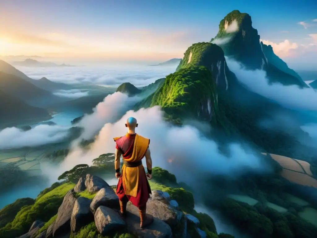 Avatar Aang medita en la cima de la montaña al atardecer, rodeado de naturaleza exuberante