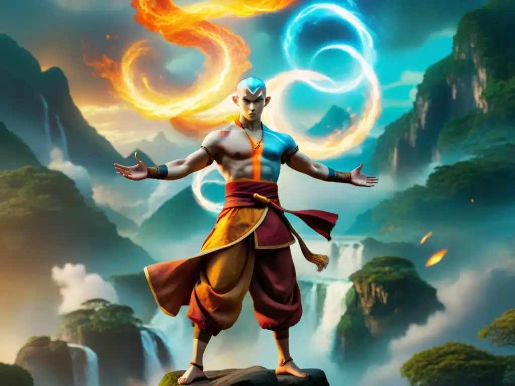 Avatar Aang en el cruce entre el Mundo Espiritual y humano, rodeado de energía y espíritus, en pose de doblador