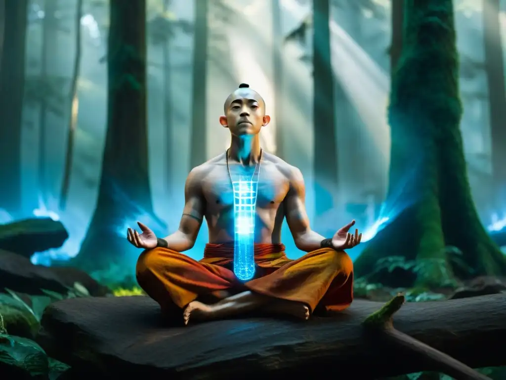 Avatar Aang en meditación rodeado de espíritus elementales en un bosque místico