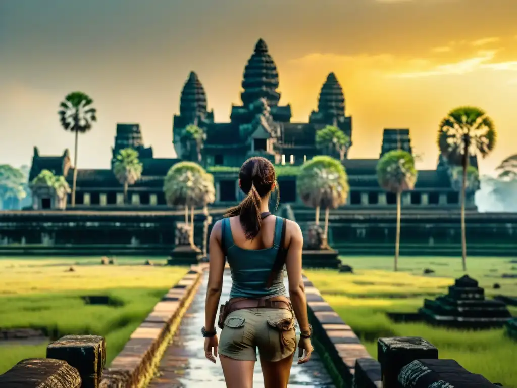 Lara Croft explorando Angkor Wat al amanecer en Tomb Raider