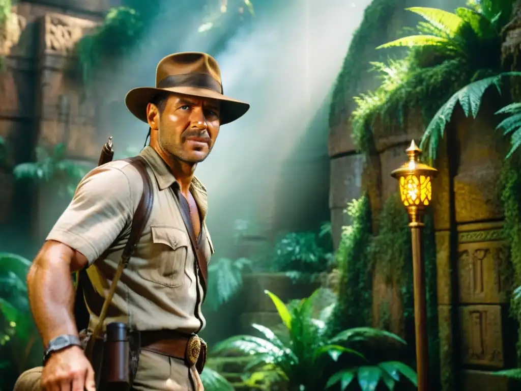 Un aventurero Indiana Jones frente a un templo misterioso, con expresión determinada y curiosa