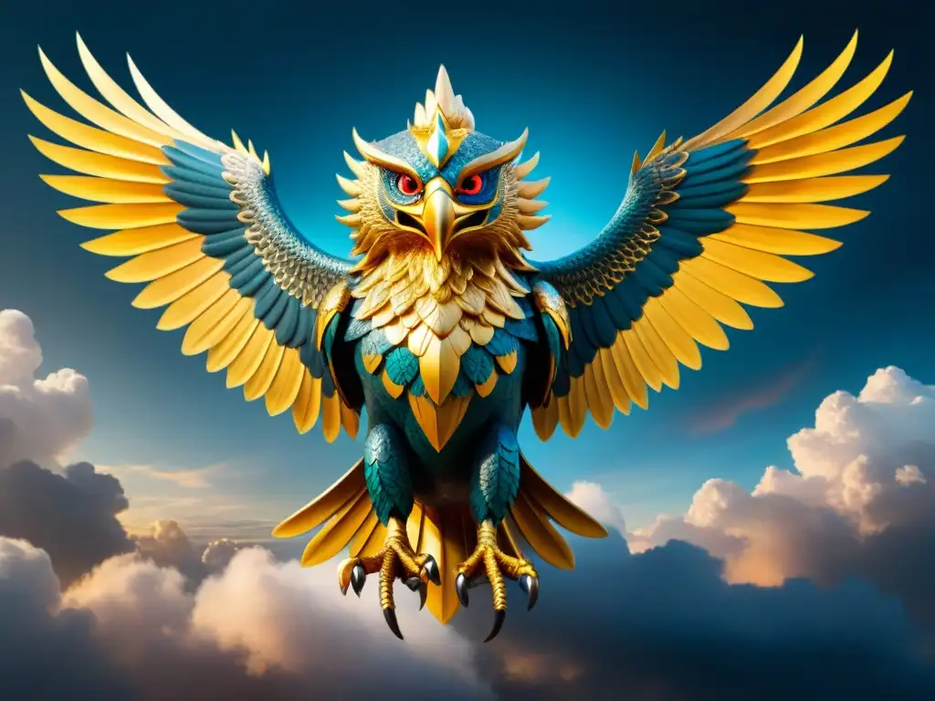 Aves mitológicas simbolismo y significado: Majestuoso Garuda dorado surcando el cielo entre nubes y rayos de sol, emanando poder y grandeza