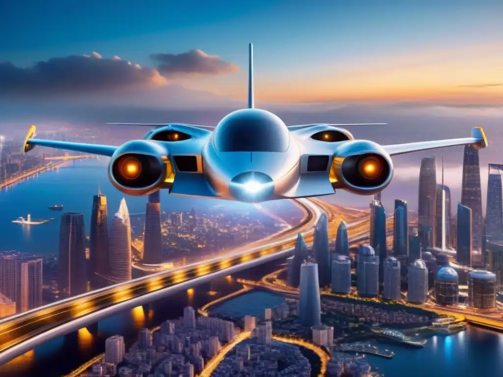 Un avión futurista de despegue vertical sobrevuela una ciudad bulliciosa al anochecer, mostrando tecnología innovadora