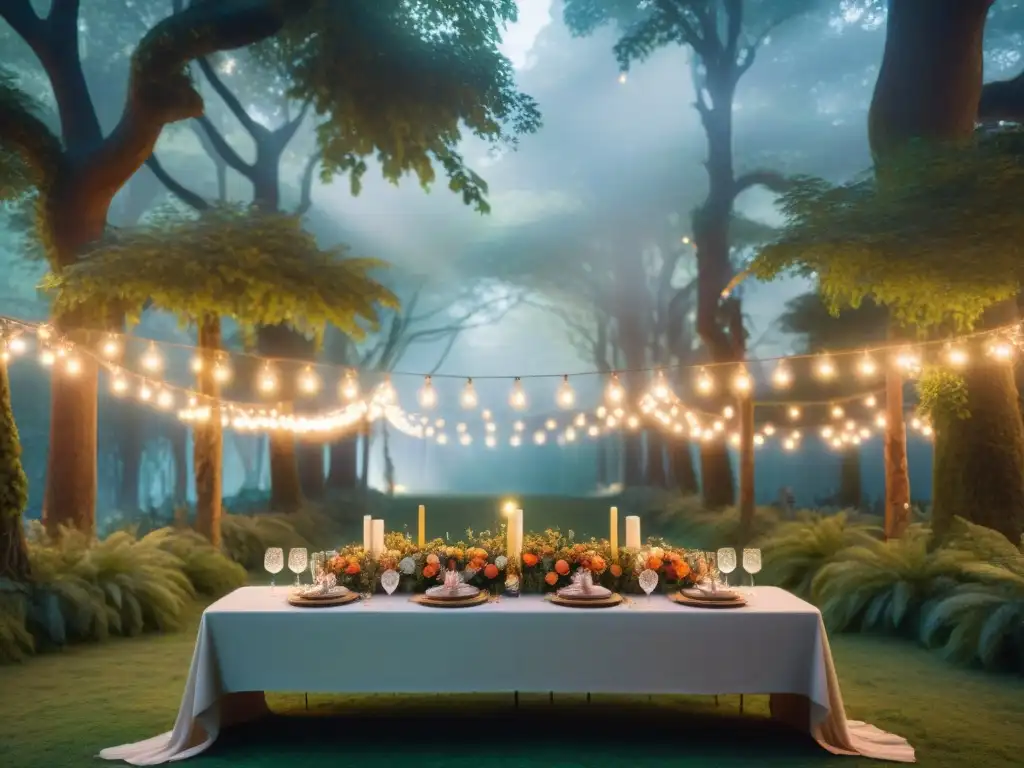 Un banquete mágico en un claro del bosque iluminado por luces de hadas, con seres etéreos en trajes elaborados