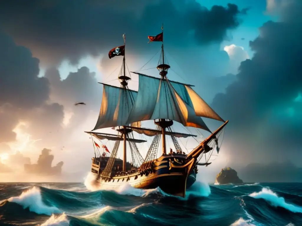 Un barco majestuoso navega en un mar tormentoso bajo un cielo dramático, con velas rasgadas ondeando al viento y relámpagos al fondo, evocando las mitologías inspiradoras de Piratas del Caribe