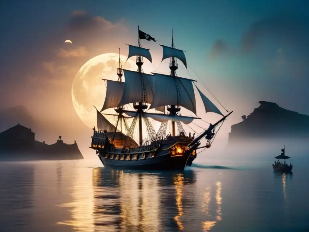 Un barco pirata majestuoso navega en un mar neblinoso y místico con la luna brillando, resaltando la comparativa culturas mitologías mundos ficticios