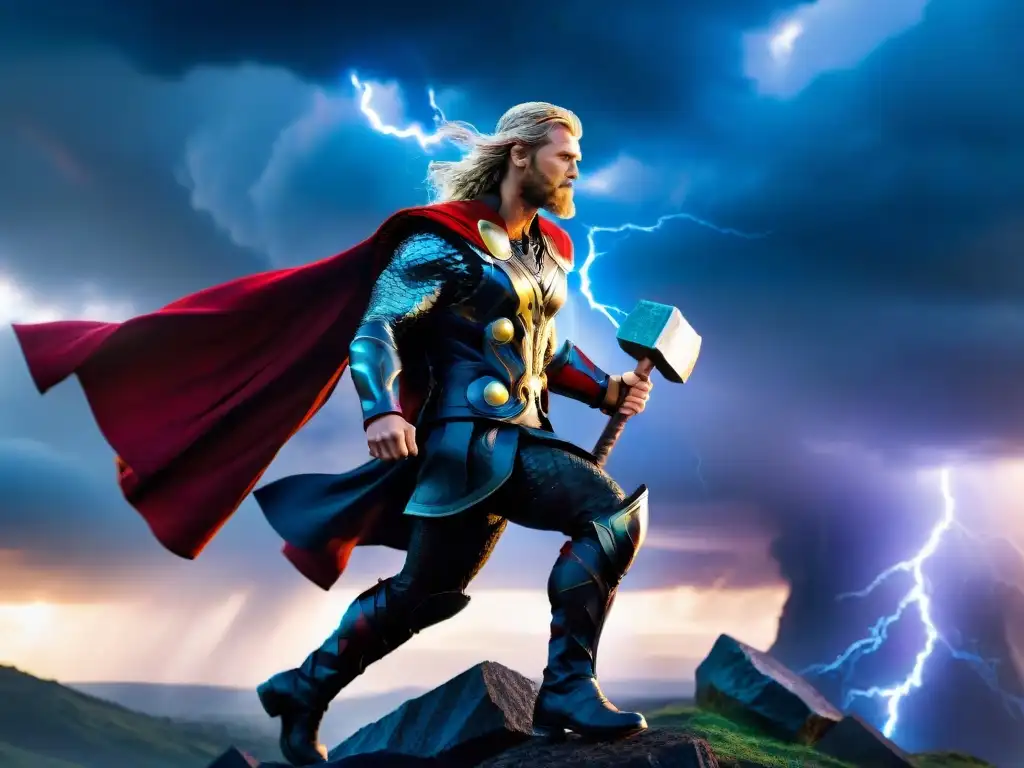 Thor con Mjolnir en batalla, su capa roja ondea al viento, relámpagos al fondo