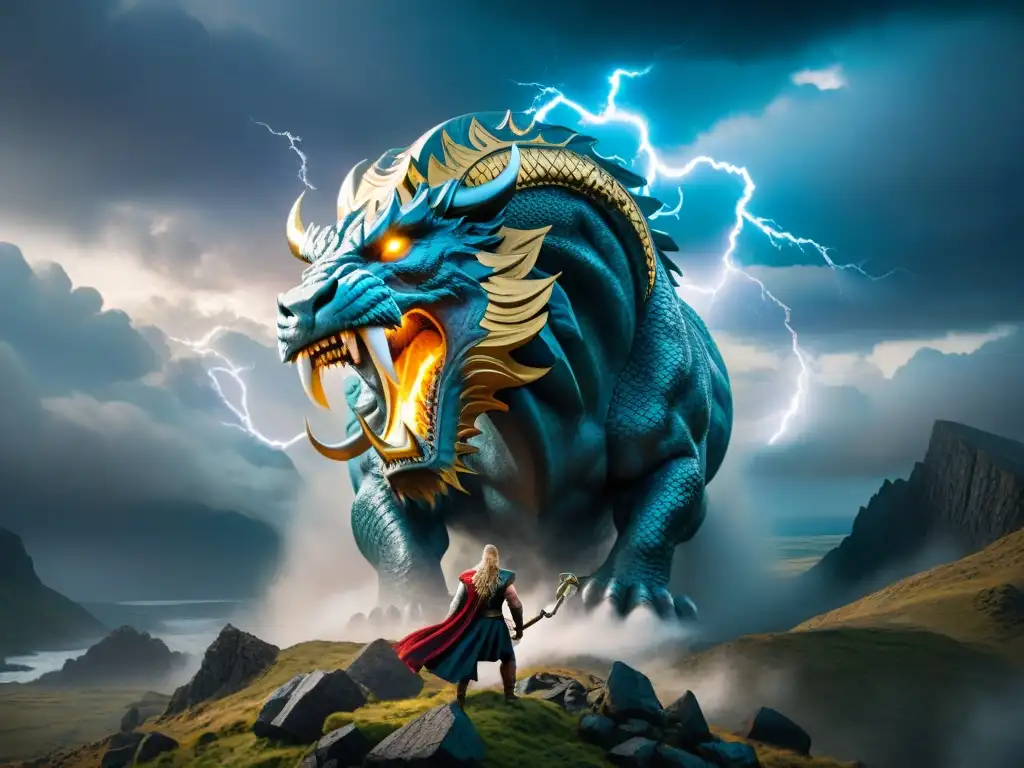 Batalla épica de dioses y criaturas en la mitología nórdica