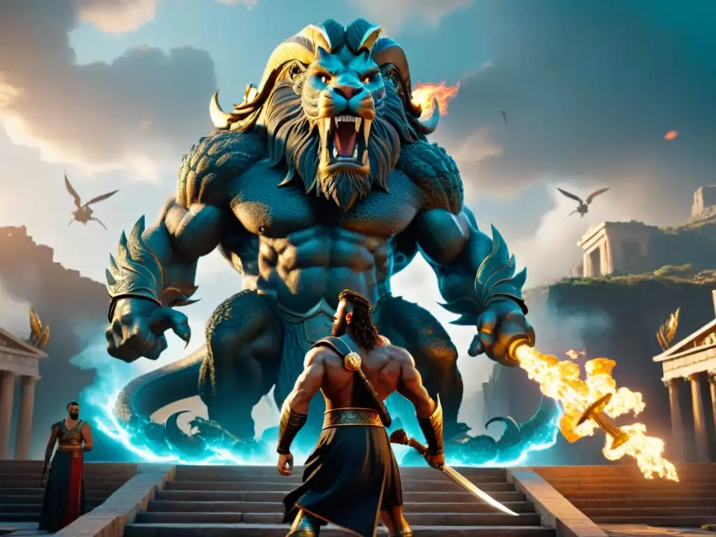 Batalla épica entre dioses y monstruos en videojuego, con Zeus, Hades y Hydra