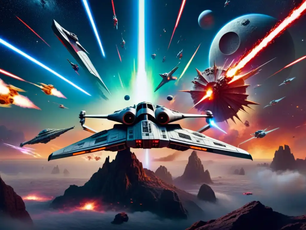 Batalla épica en el espacio de Star Wars: naves y explosiones en medio de nebulosas y galaxias, capturando la mitología de la Fuerza en Star Wars