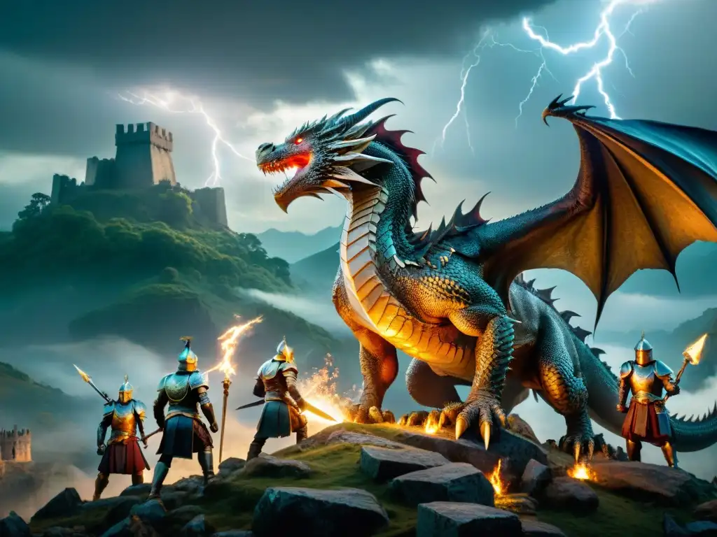 Batalla épica: dragón contra guerreros valientes en reino mítico Batalla épica entre dragón y guerreros en un reino mítico