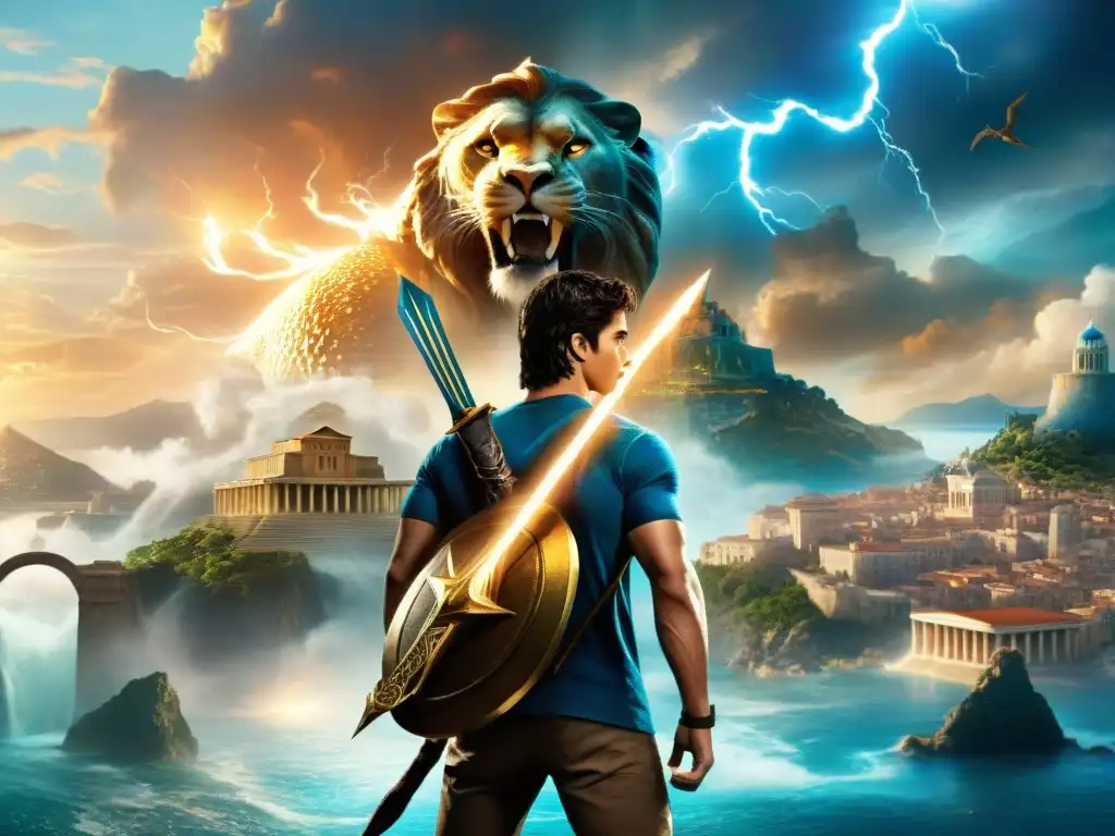 Batalla épica de héroe al estilo Percy Jackson en escenario mitológico y urbano