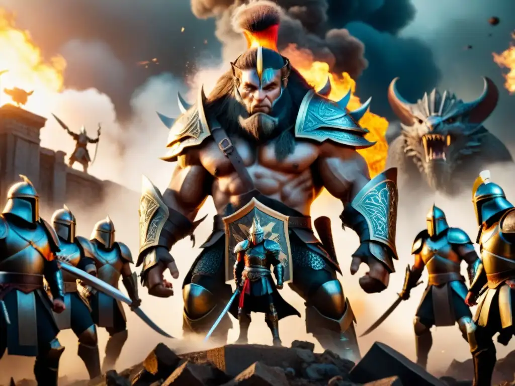 Batalla épica entre criaturas míticas y mercenarios humanos en un escenario fantástico Batalla épica entre humanos y criaturas mitológicas en un campo de batalla fantástico
