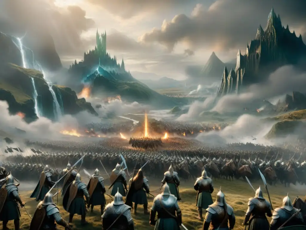 Batalla épica en Middleearth: Orcos y Hombres chocan en un campo de batalla, montañas y nubes tormentosas