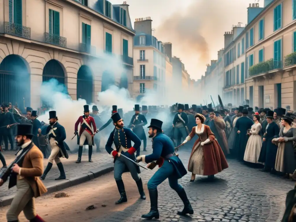 Batalla entre revolucionarios y fuerzas gubernamentales en una bulliciosa calle parisina del siglo XIX