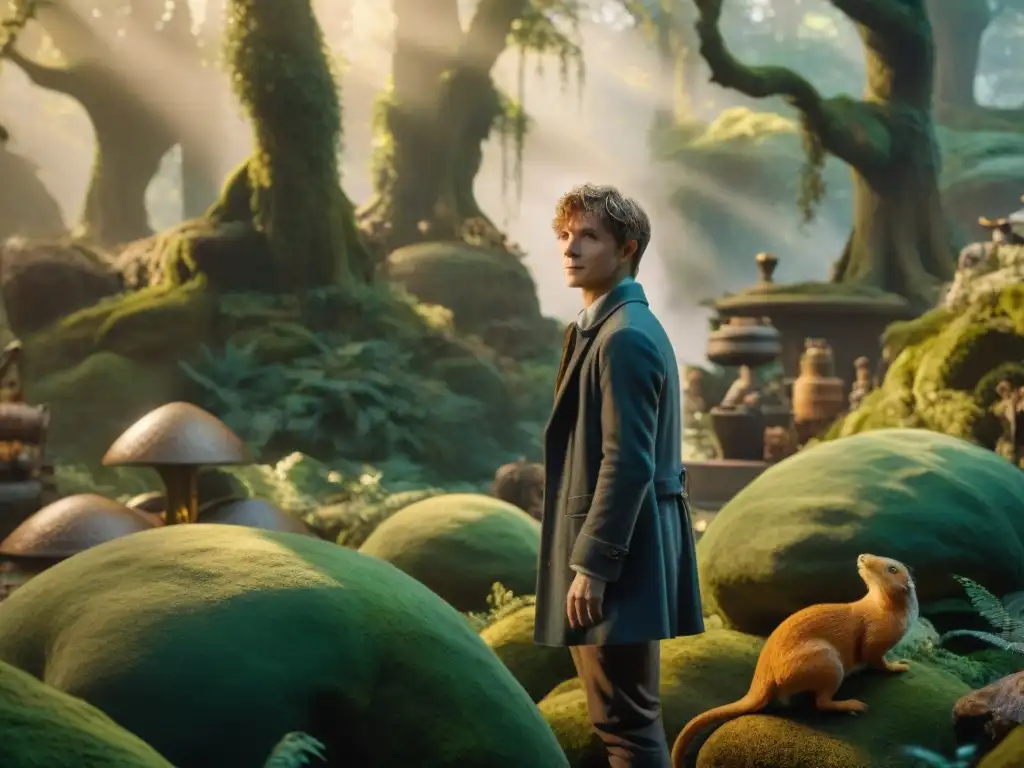 Explorando el bestiario de Harry Potter: Newt Scamander en un bosque mágico con criaturas fantásticas