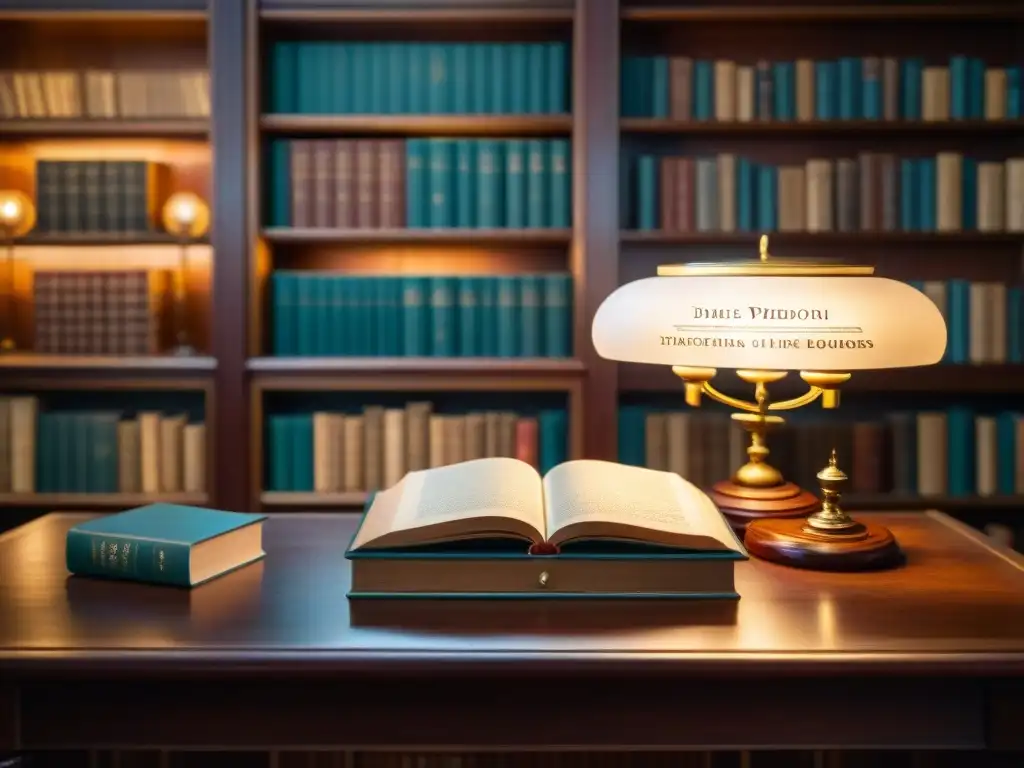 Una biblioteca antigua iluminada con lámparas, libros raros en estantes y una atmósfera nostálgica