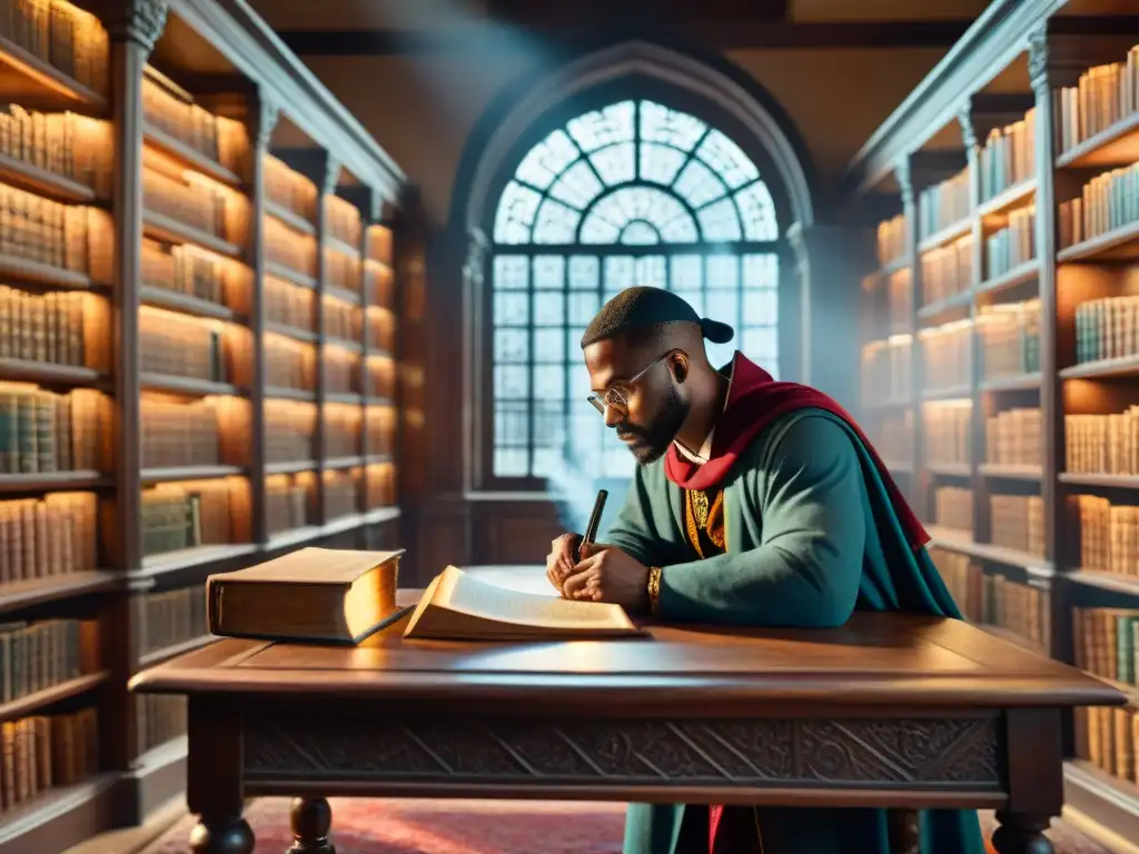 En una biblioteca antigua iluminada débilmente, un misterioso personaje estudia un manuscrito rodeado de libros antiguos y pergaminos