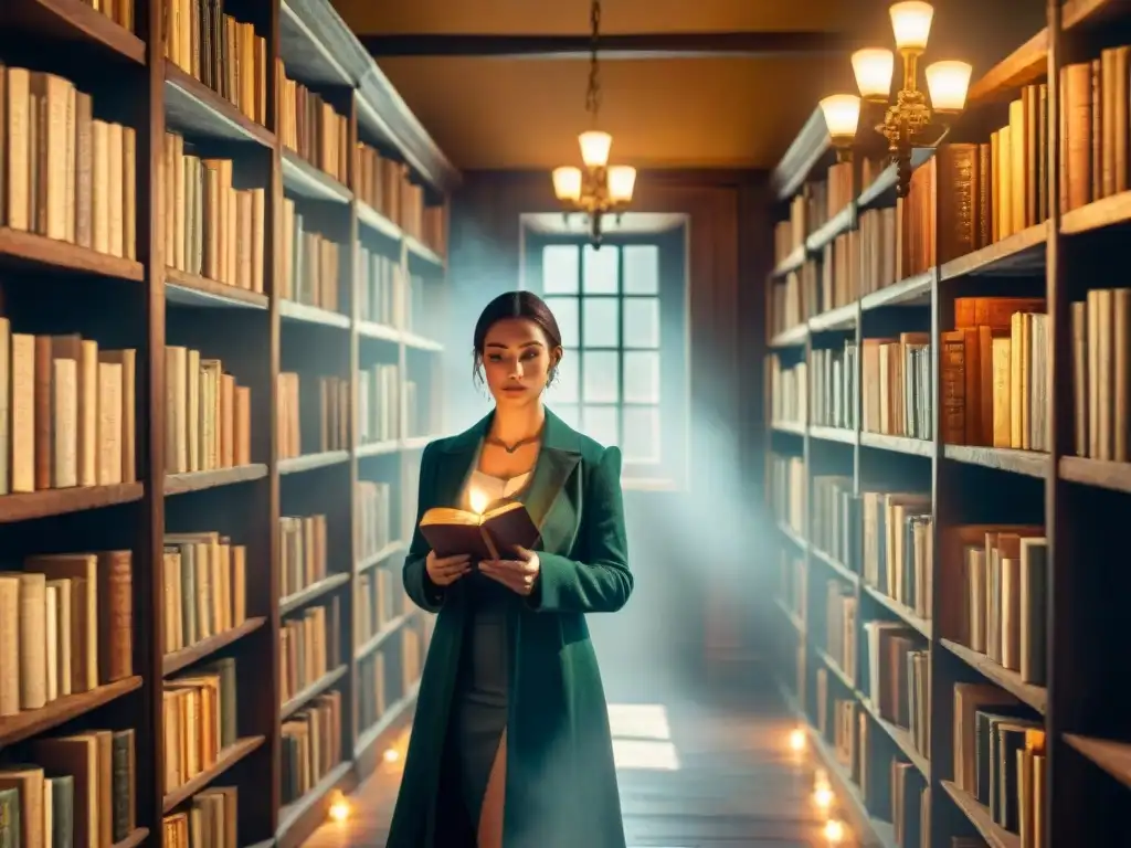 Un biblioteca antigua iluminada por velas, con estanterías repletas de libros antiguos