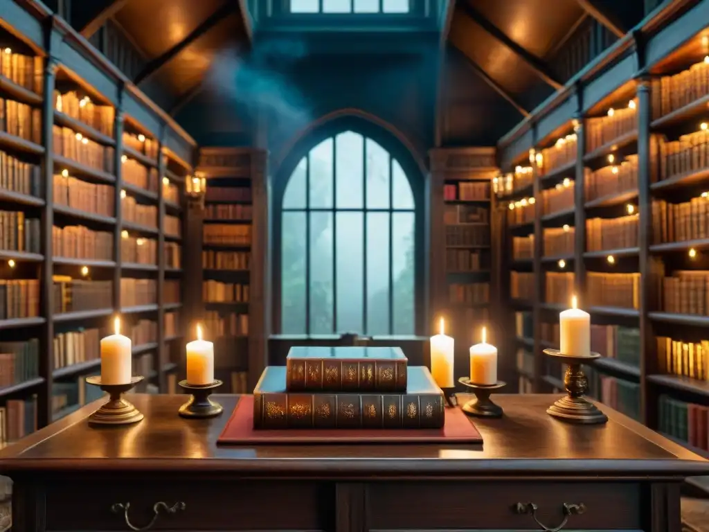 Una biblioteca antigua iluminada por velas, con libros sobre brujería y magia