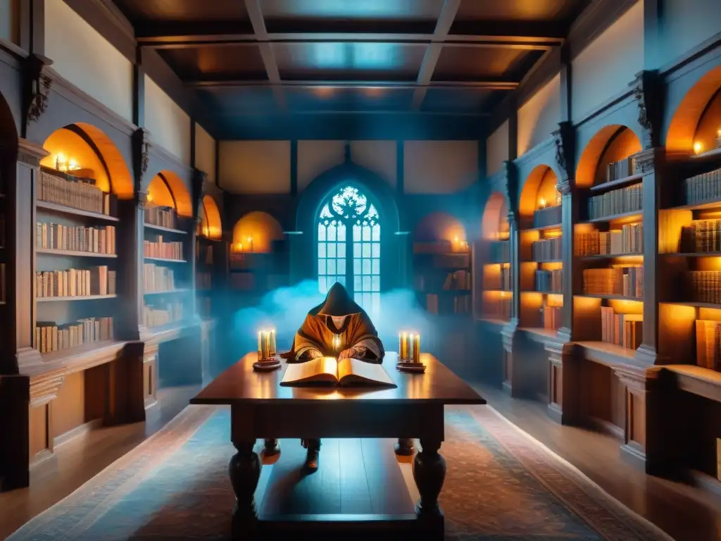 Una biblioteca antigua iluminada por velas, con mapas y brújulas en una mesa de madera