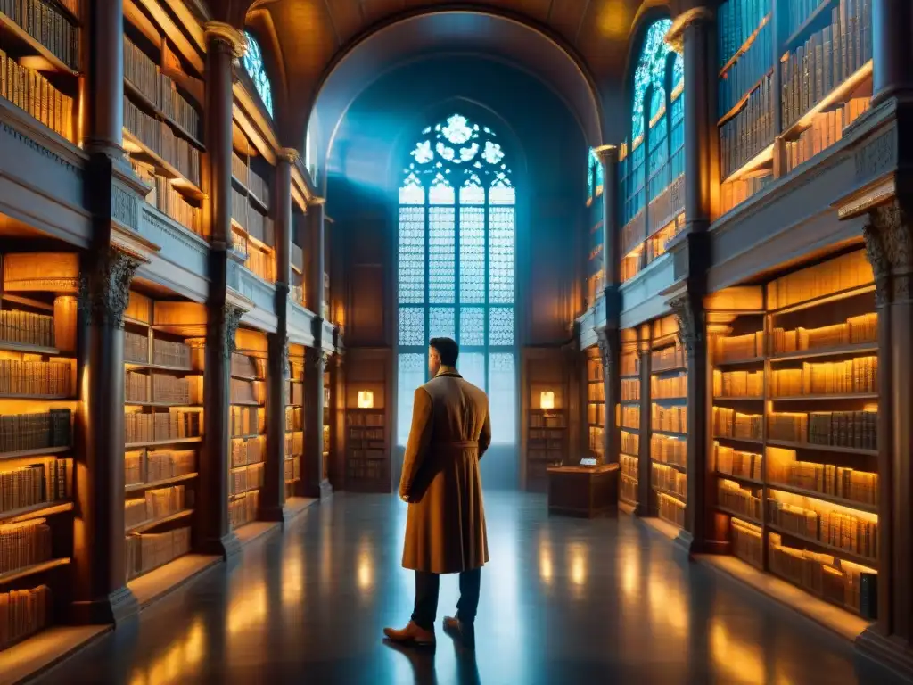 En una biblioteca antigua, la importancia del diálogo en personajes épicos se refleja en un lector absorto en un libro iluminado por luz dorada