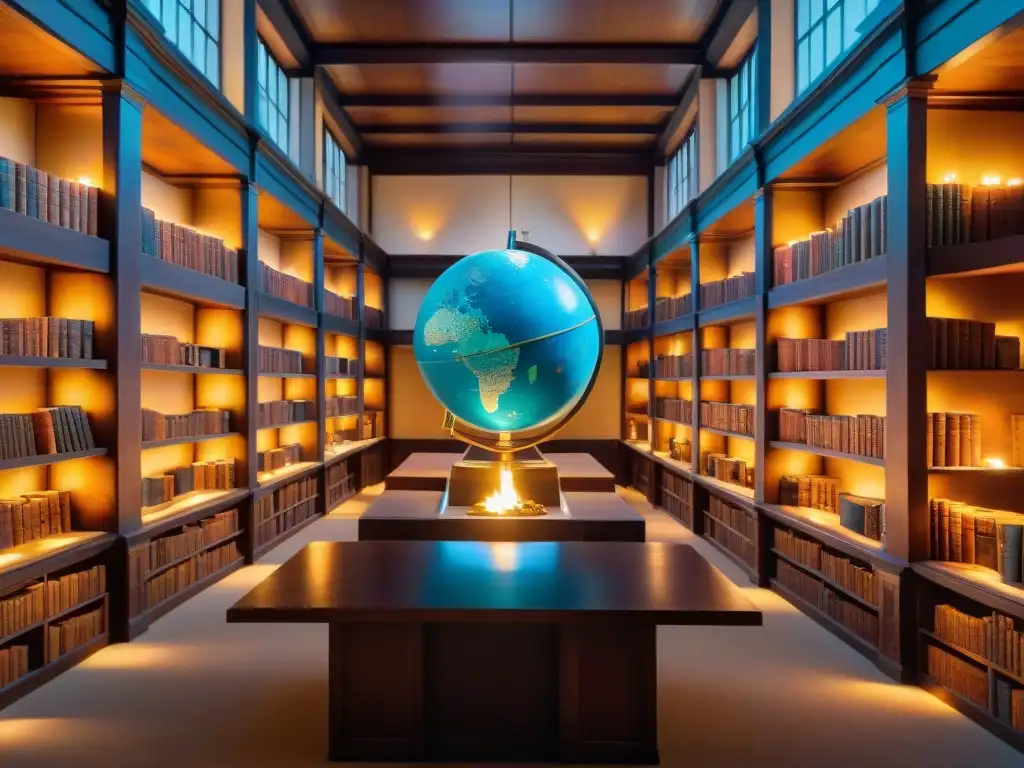 Tesoro milenario: biblioteca antigua llena de sabiduría y misterio Una biblioteca antigua llena de libros y pergaminos, con eruditos estudiando textos bajo la luz de antorchas