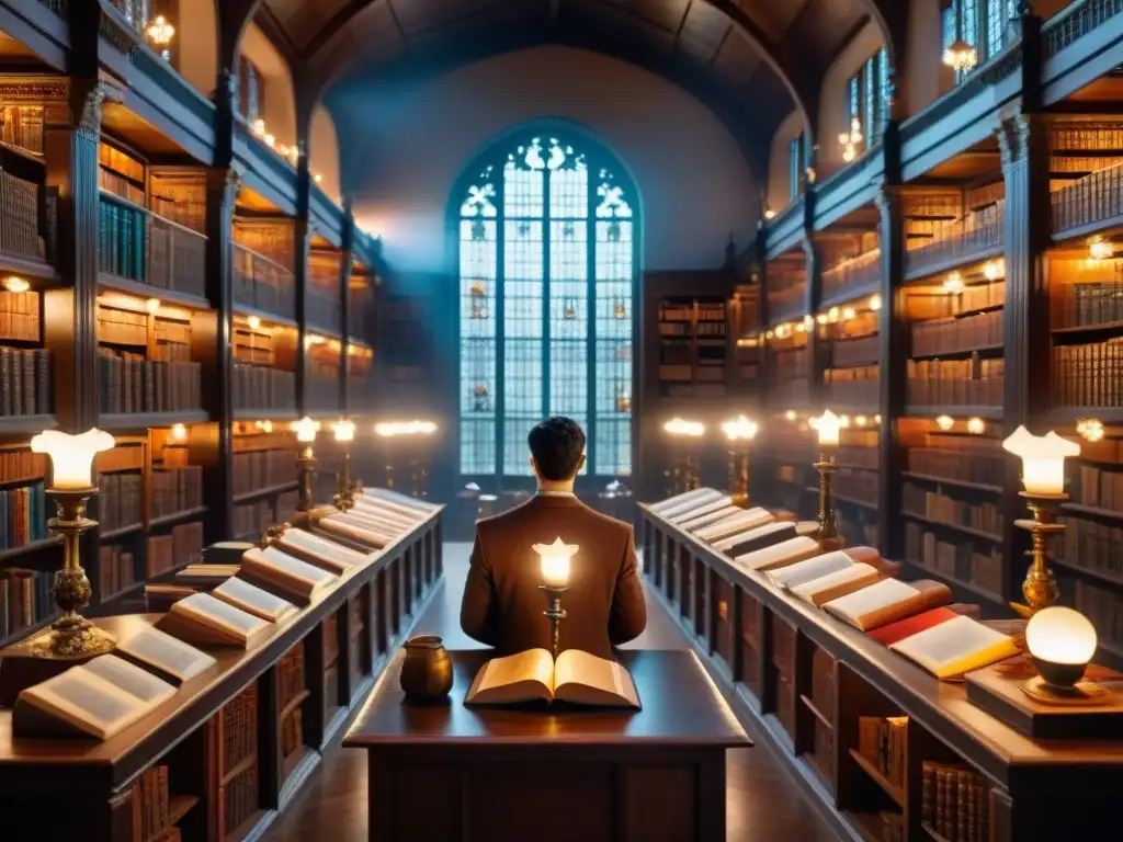 Explora la biblioteca antigua, llena de tomos polvorientos, iluminada por velas y vidrieras mágicas