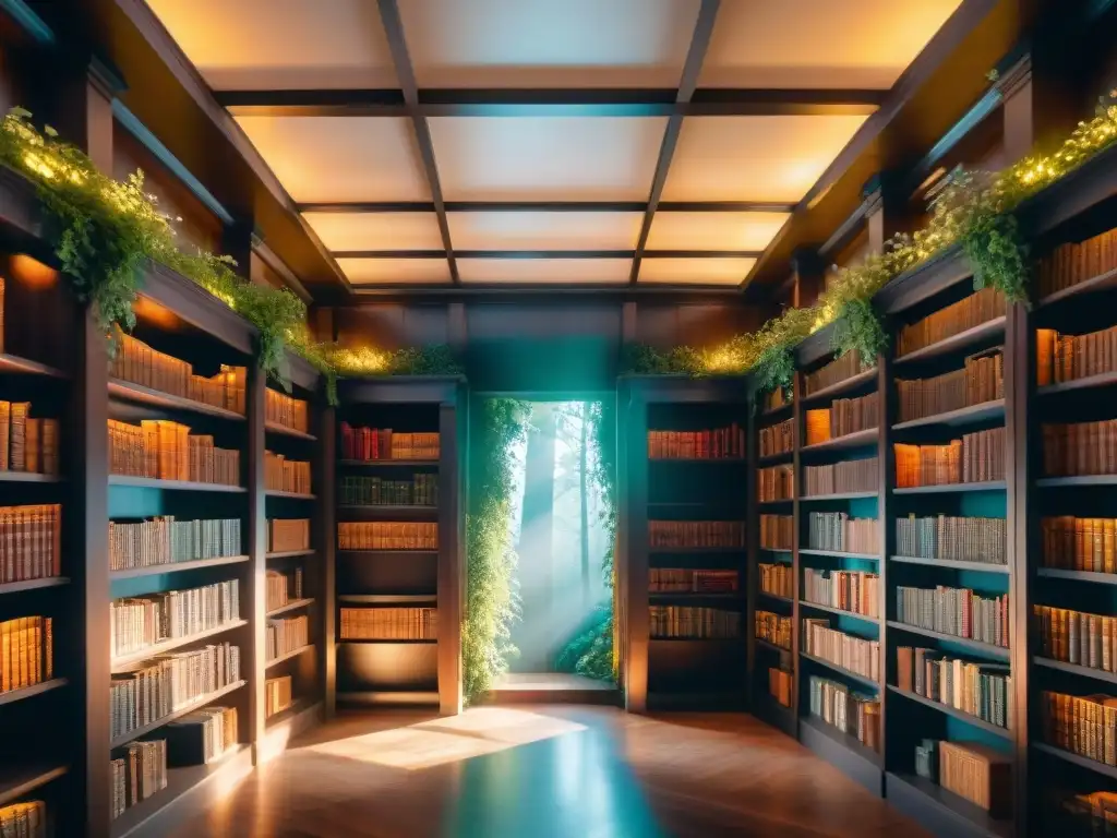 Una biblioteca antigua y mística en un bosque mágico, con estanterías llenas de tomos brillantes iluminados por una luz etérea