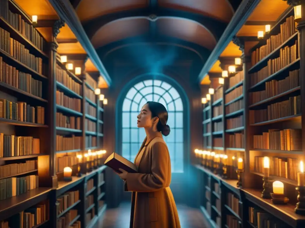 Un biblioteca antigua y mística con libros mágicos brillantes, creando un ambiente de fantasía