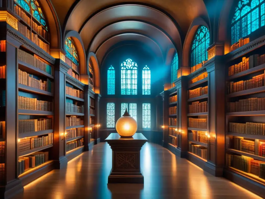 Una biblioteca antigua y mística llena de libros infinitos, iluminada por luz etérea