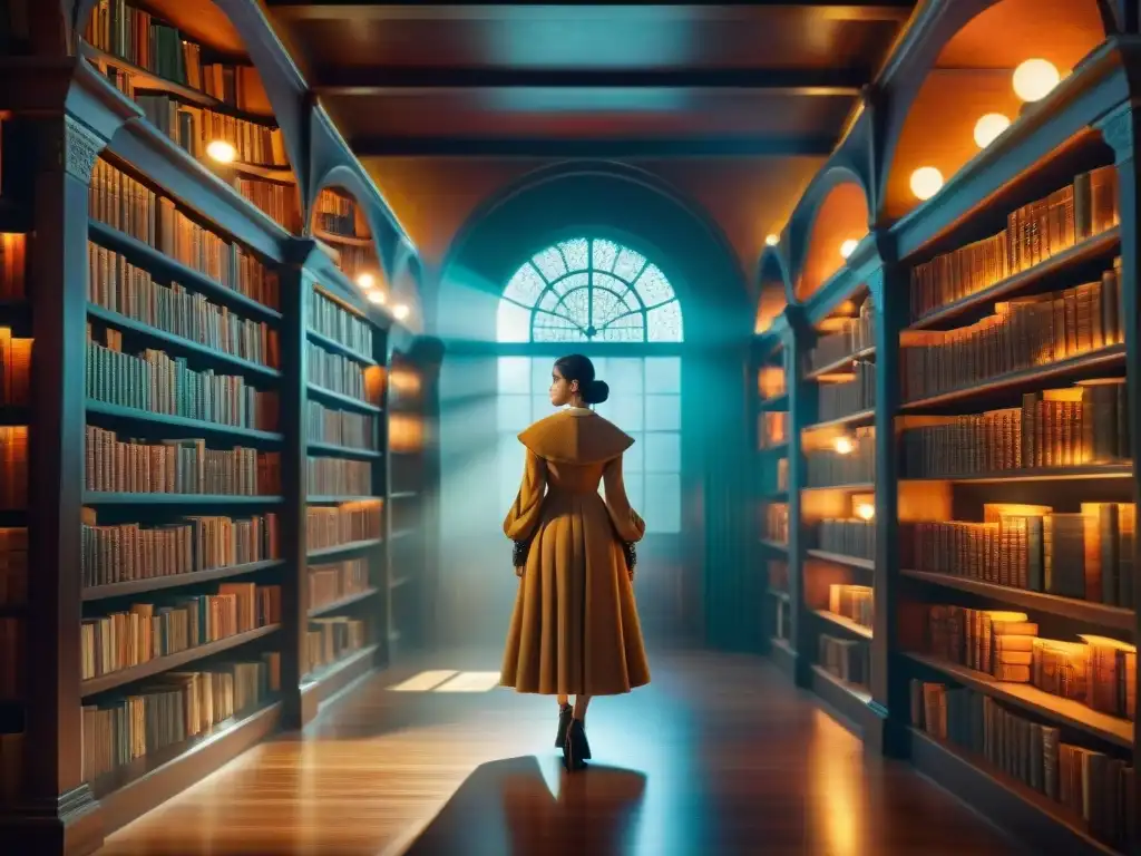 Una biblioteca antigua y mística en un mundo fantástico iluminada por orbes de luz, evocando la literatura fantástica en la creatividad