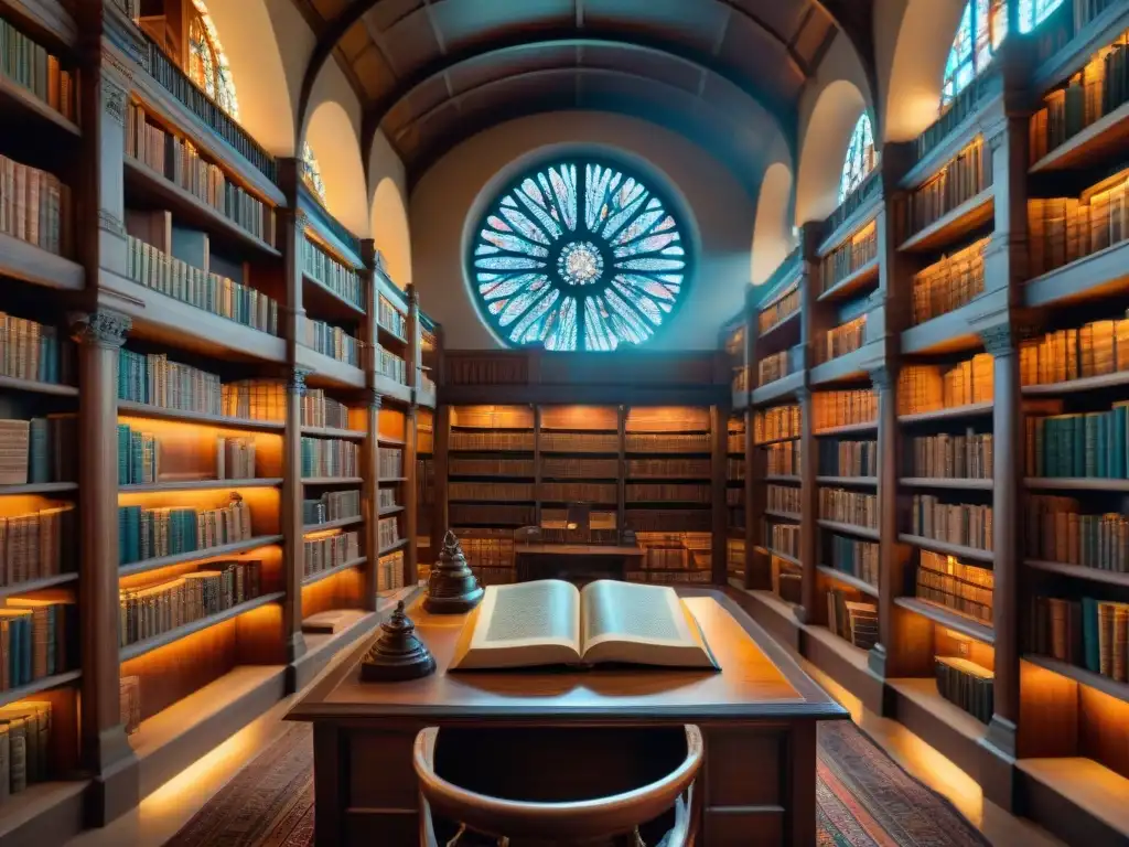 Una biblioteca antigua repleta de lenguas ficticias en universos creativos, iluminada por la luz celestial