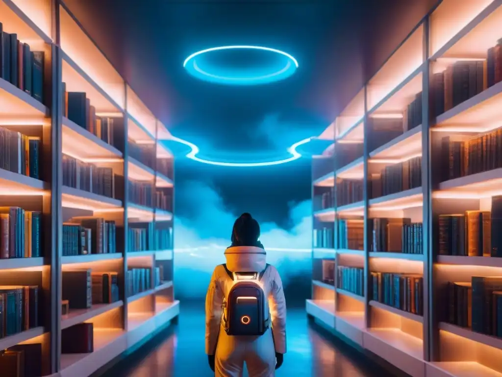 Librería digital futurista en el espacio cósmico Una biblioteca digital flotando en el espacio, iluminada por luces de neón, rodeada de una nebulosa, con figuras y cubos de datos brillantes