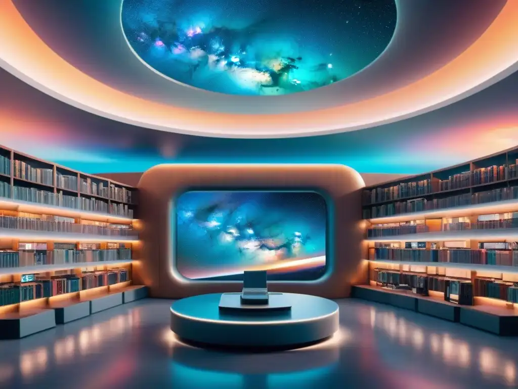 Librería digital futurista en el espacio: 8k ultradetallada Una biblioteca digital futurista flotando en el espacio, rodeada de nebulosas vibrantes