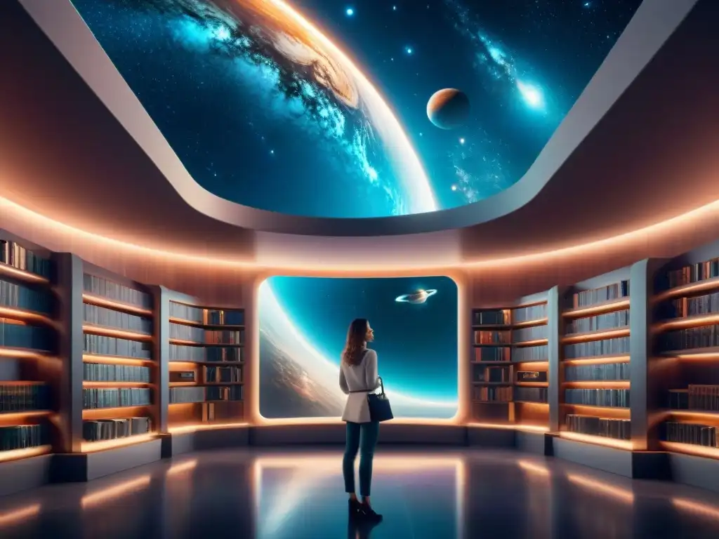 Gran biblioteca espacial futurista entre estrellas y nebulosas Una biblioteca digital futurista flotando en el espacio entre estrellas y nebulosas, mostrando libros digitales