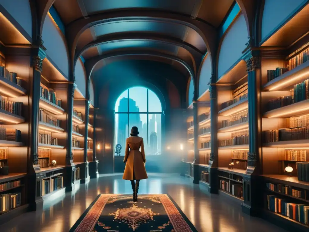 Una biblioteca futurista en una metrópolis, con artefactos y colecciones únicas de universos ficticios en películas