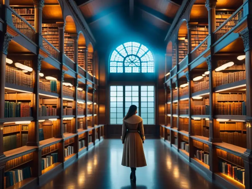 Una biblioteca impresionante llena de libros antiguos, con luz cálida filtrándose por ventanas de vidrio