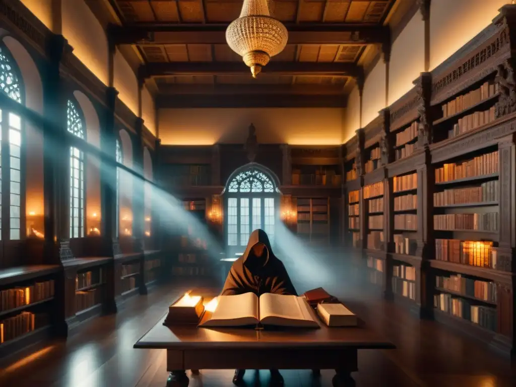 Una biblioteca impresionante llena de textos antiguos en idiomas ficticios, iluminada por candelabros