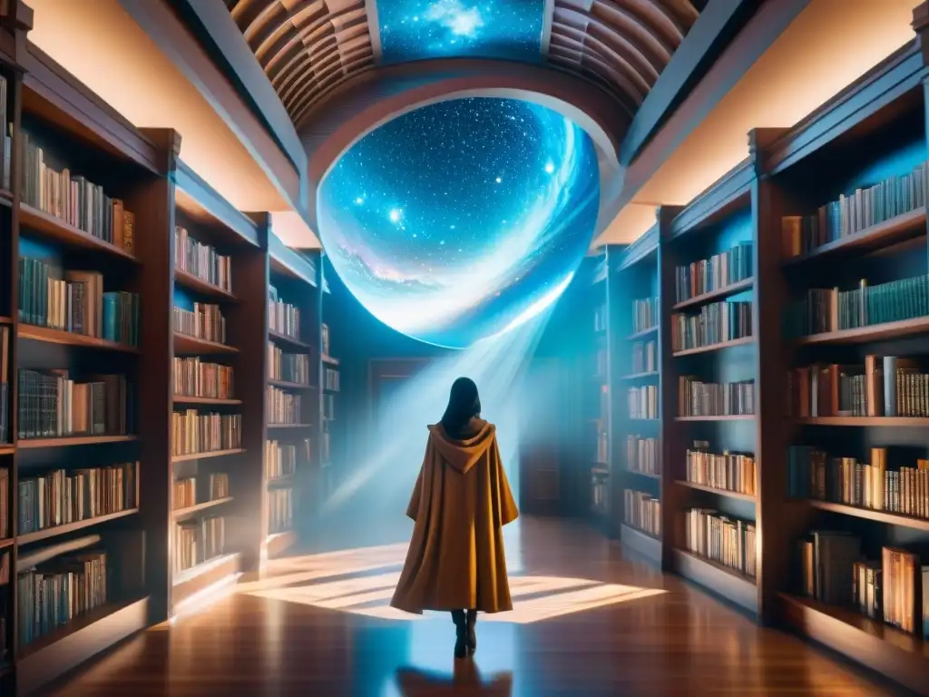 Un biblioteca infinita con libros brillantes, portales a universos paralelos en la ficción