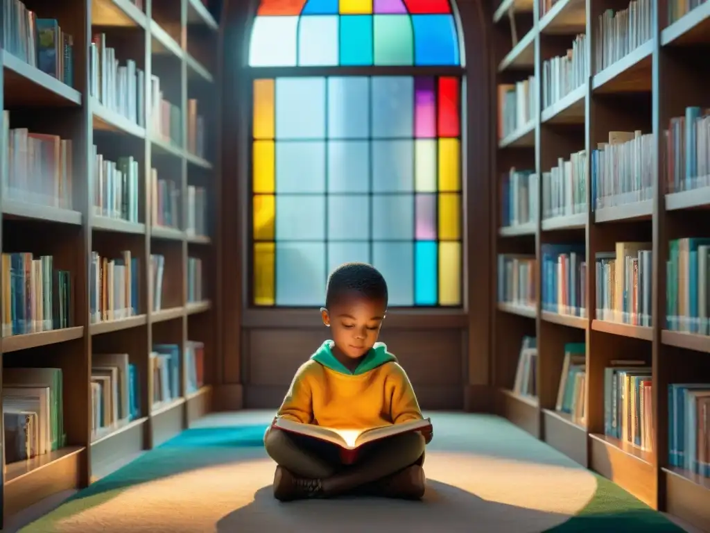 Un rincón de biblioteca mágico con niños explorando universos ficticios en literatura infantil