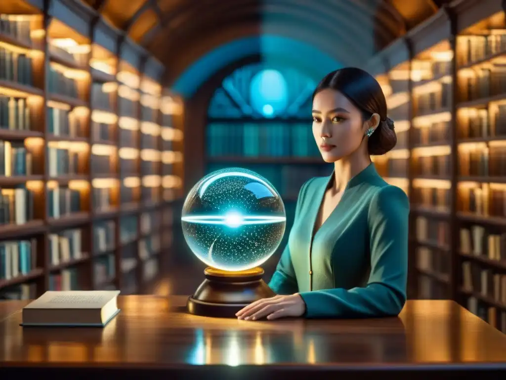 Una biblioteca majestuosa con equilibrio entre magia y ciencia, iluminada por orbes de luz